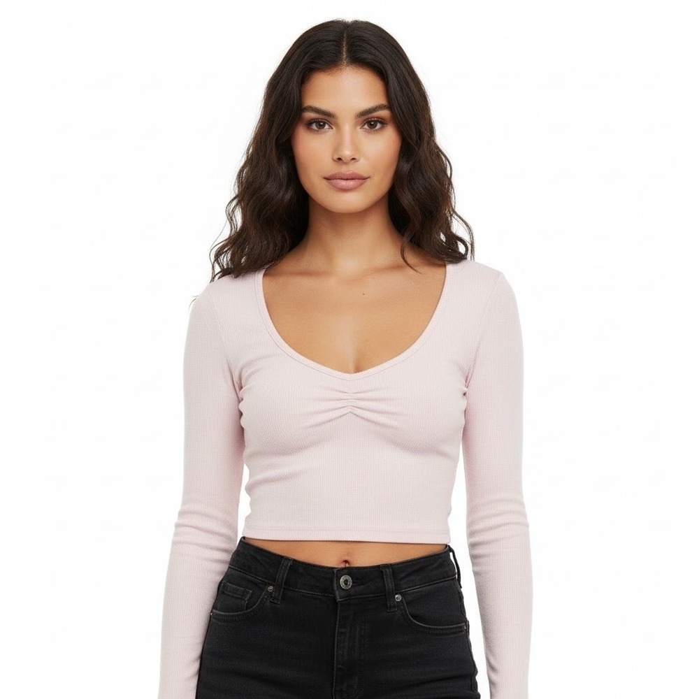 Streetwear Society Ribbed Long Sleeve Cropped Top‎ Pink VNeck Ruched Size large